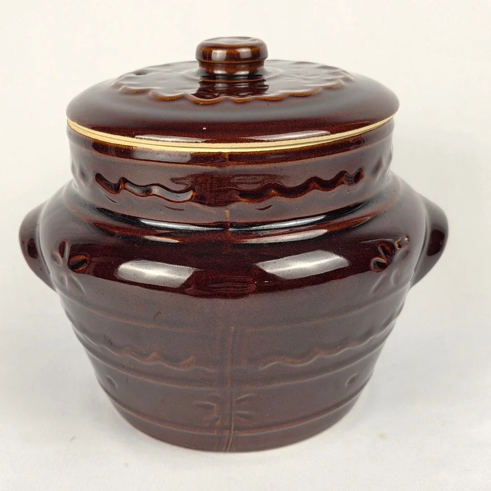 MAR CREST Vtg Crock Pot Oven‎ Proof Stoneware with Lid Brown 2 Handles Bean Pot